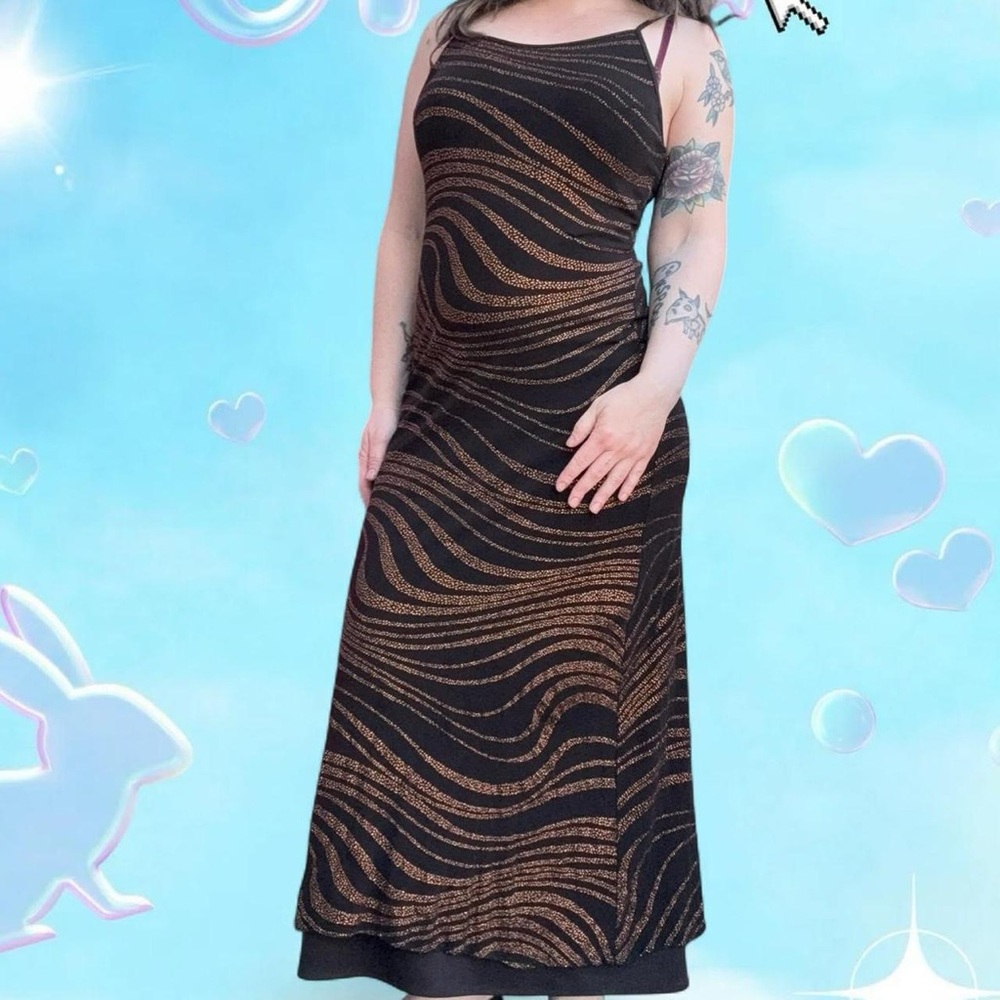vtg late 90s/early y2k pelicana usa patterned glitter evening ankle dress, sz md